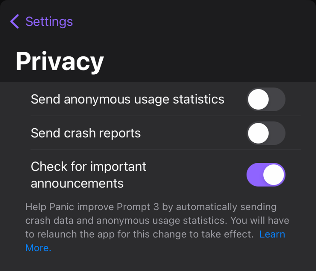 Privacy settings in Prompt for iOS.